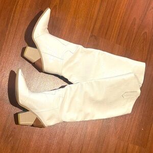 White knee high snakeskin boots